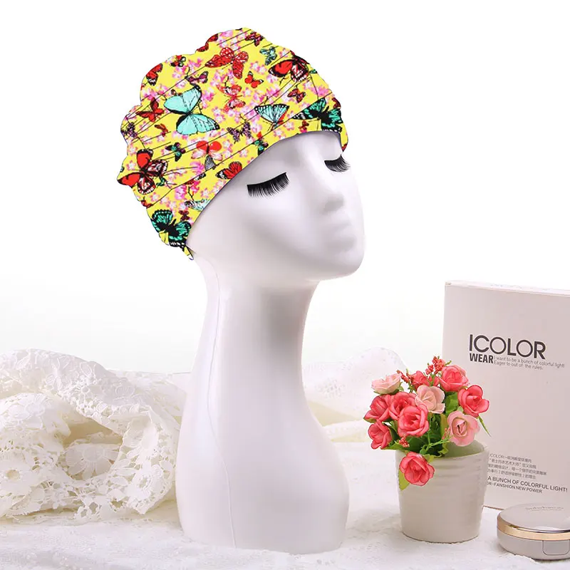 YOUYOU плиссированные одежда заплыва кепки длинные волосы купальный шляпа цветок