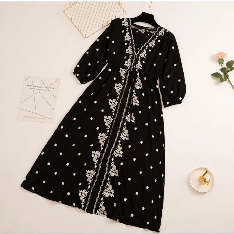Черный Embroidery Vintage Beach Midi Dress Swimwear Ladies Cotton Slim Casual Tunics Kaftan Beach Dress gravida Summer Boho Dress - Цвет: Черный