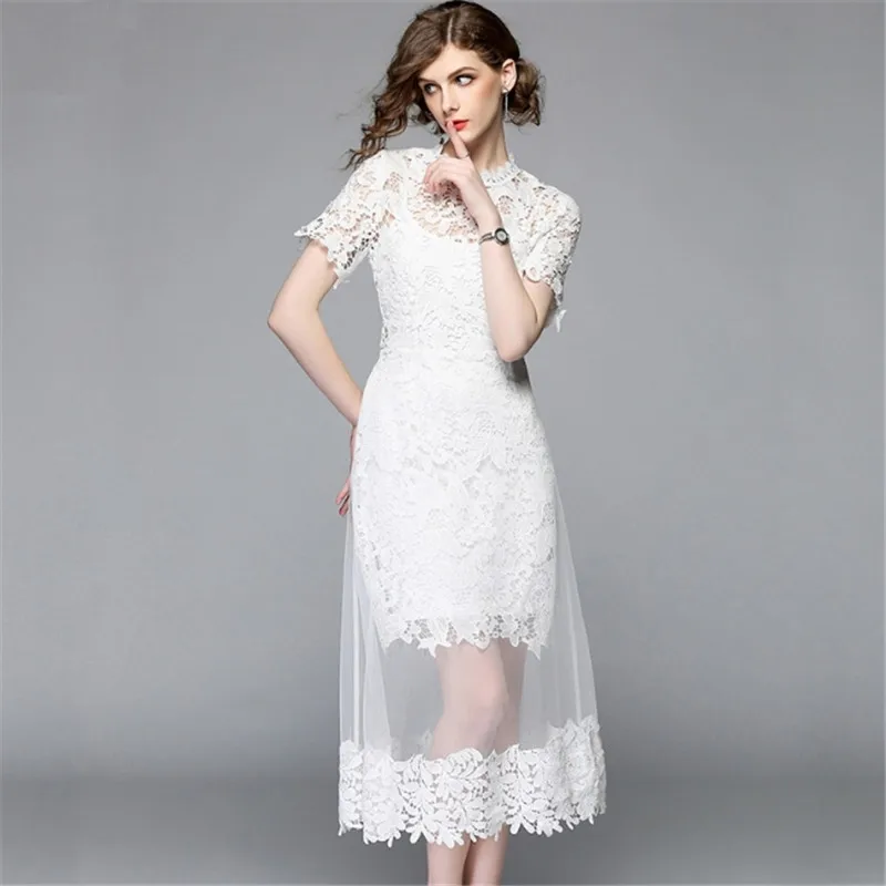 Summer Female Mesh Patchwork Long Lace Dress Women O-Neck Work Casual Party Slim Sexy White Dresses Vintage Vestidos | Женская одежда