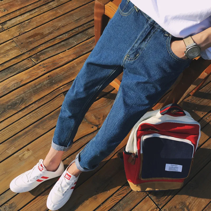 Fashion 2020 Summer Casual Students art blue color jeans men's Hip Hop feet harem pants Teenagers washing S-XXL | Мужская одежда