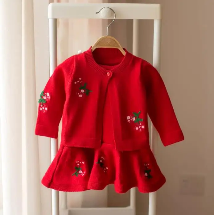 red color Комплект одежды для маленьких девочек, вязаная одежда, осенне-зимние подарочные комплекты для новорожденных, комплекты одежды, рубашка, платье, свитер, костюм для девочек, шерсть для младенцев, 1 год - Цвет: red color
