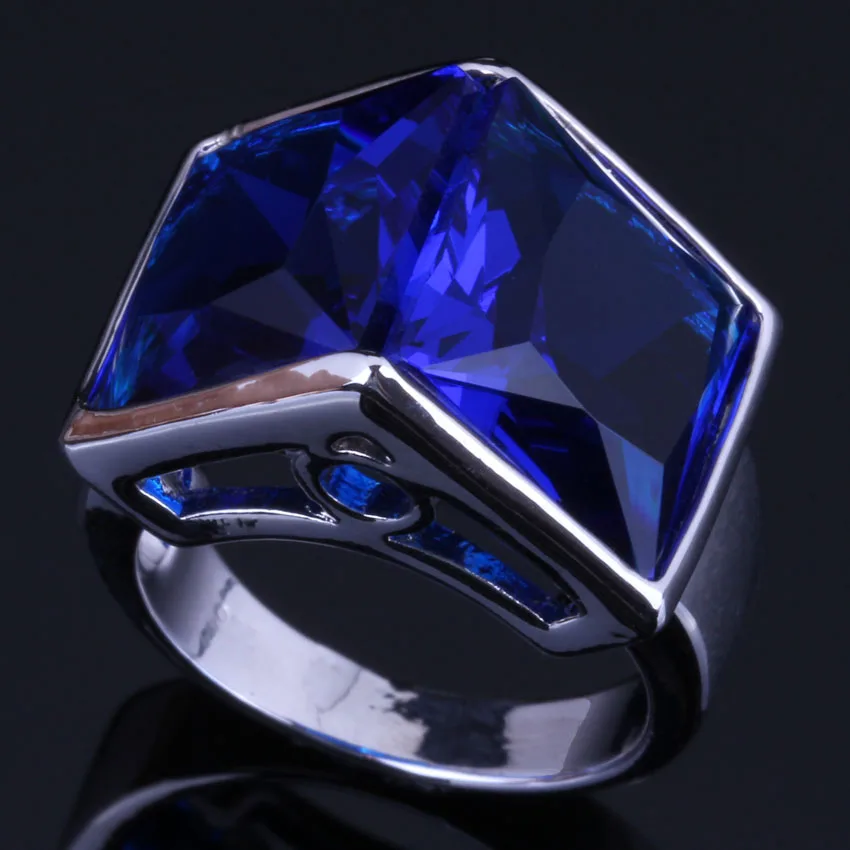 

Attractive Double Square Blue Cubic Zirconia Silver Plated Ring V0492