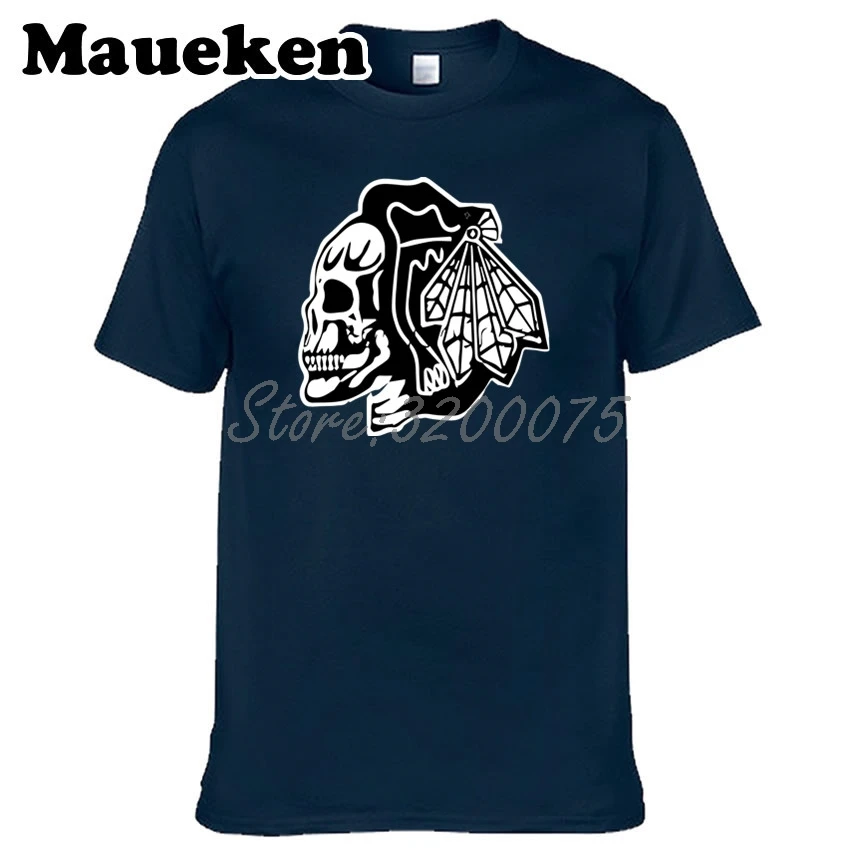 Мужские футболки Chicago Blackhawks skull fans Game 100% хлопковые с круглым вырезом хлопковая