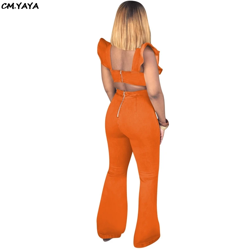 Женский джинсовый комбинезон с оборками без рукавов разрезом сзади 5 цветов