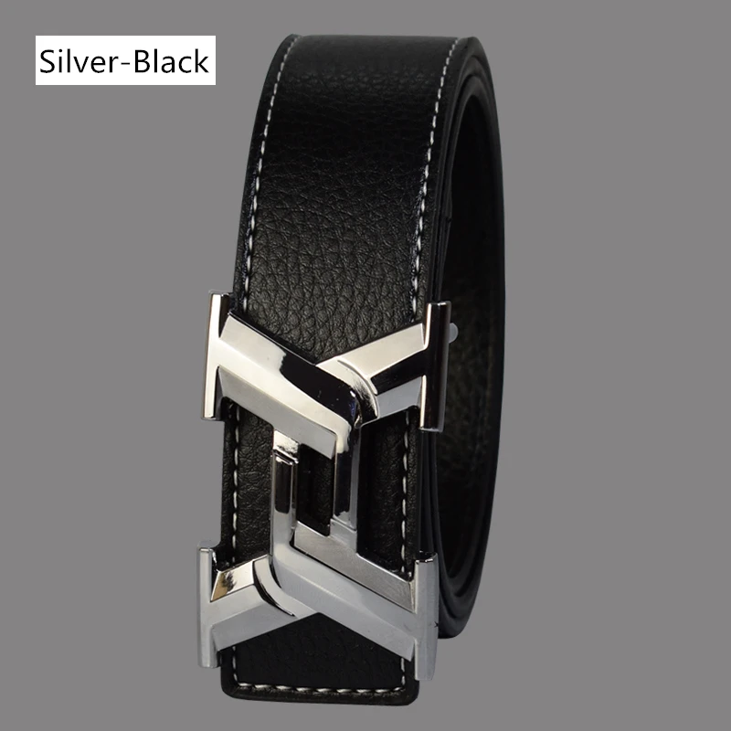 Silver Black Luxury Belts for Men Fashion Business Casual High Quality Smooth Buckle Designer Male Leather Belts - Цвет: Silver Black