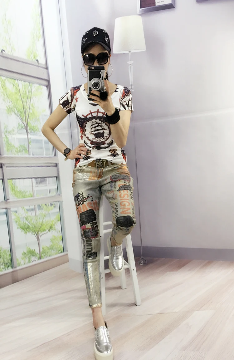 2018 Новая мода bronzing печатных узкие женские джинсы брюки длиной до щиколотки