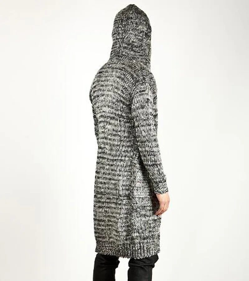 Модный мужской теплый свитер вязаный длинный кардиган с капюшоном осенне зимнее