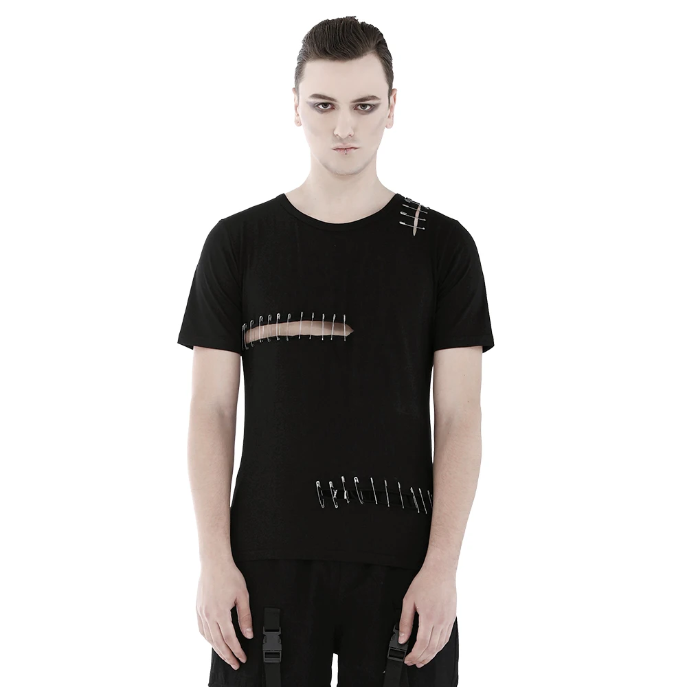 

Punk Pin Design Men Hole T Shirt Personalized Summer Short Sleeve T-Shirt Odale Slim Fit Casual Tee Tops