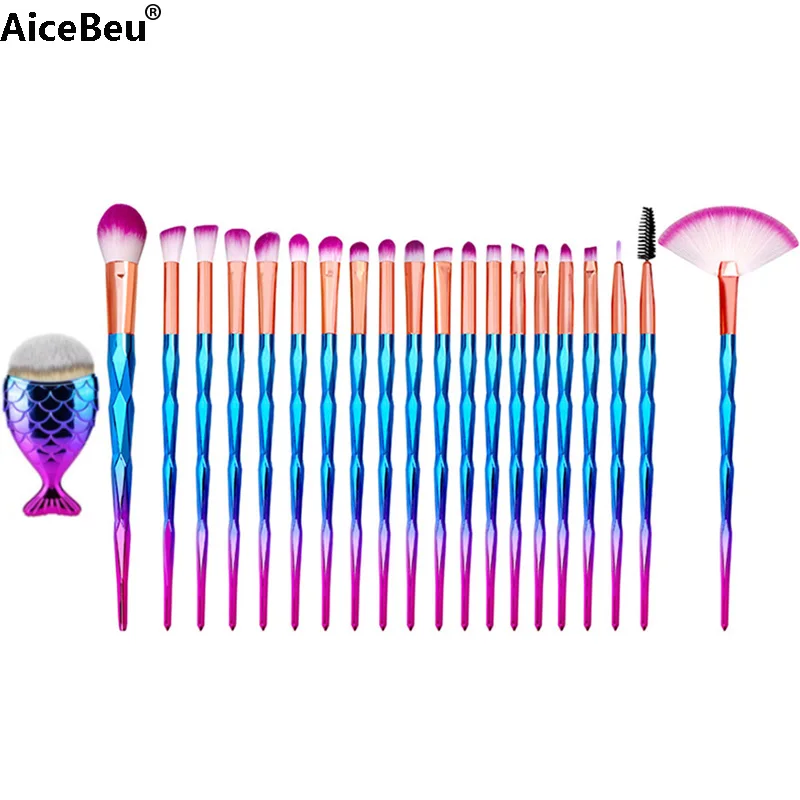 21pcs AiceBe 20 шт Алмазная Ручка кисти для макияжа Косметика Тени для век кисть для пудры+ 1 шт. Русалочка большая рыба кисти для основы - Handle Color: 21pcs
