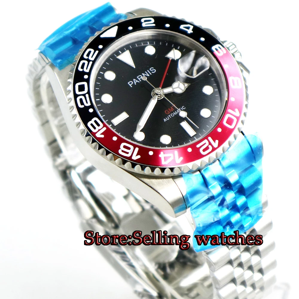 

New 40mm parnis men's watch GMT Jubilee style sapphire glass black dial Bracelet luminous automatic movement wrist watch men