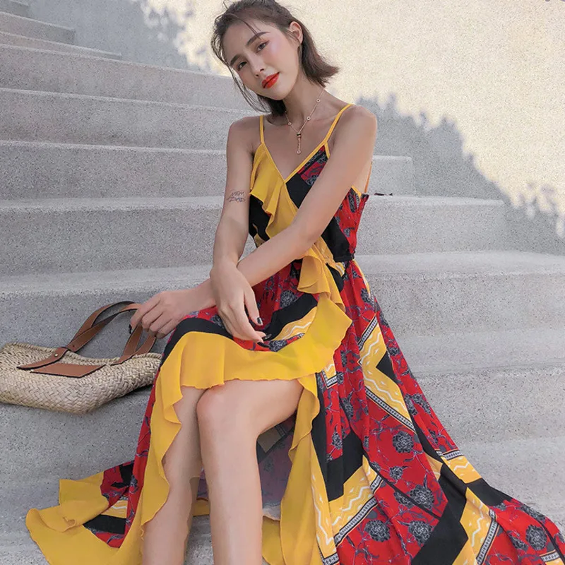 Женское Ассиметричное платье LANMREM длинное на бретельках с кисточками модель WG68403L