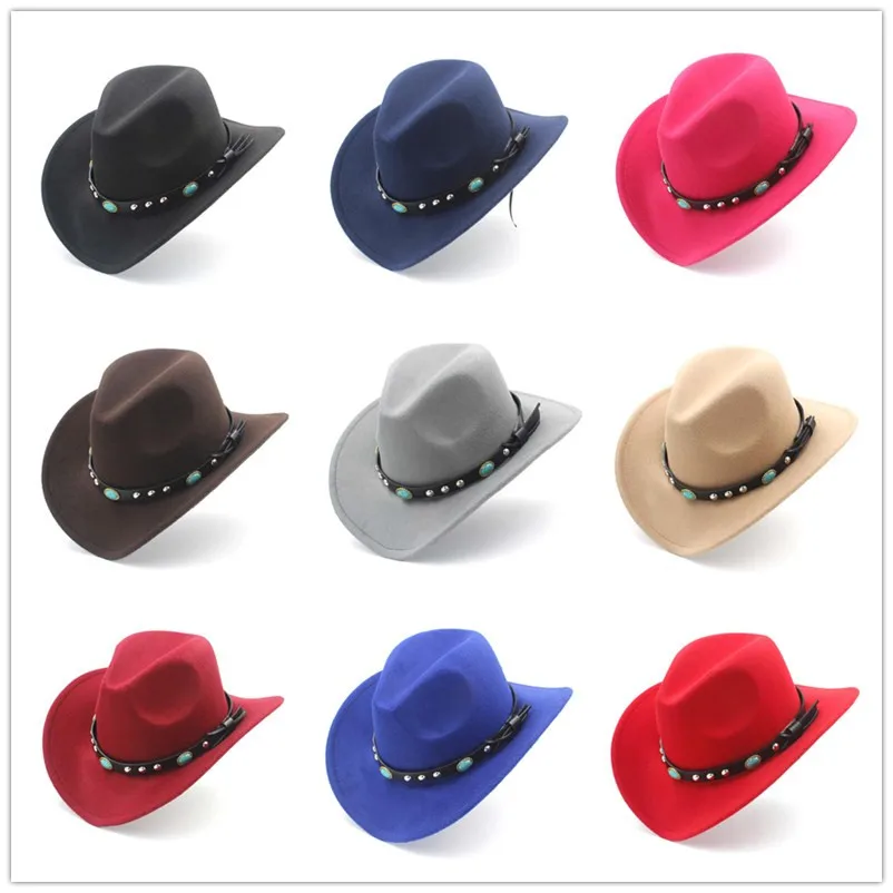 

LUCKYLIANJI Men Women Retro Wool Felt Western Cowboy Hat Wide Brim Cowgirl Kallaite Braid Leather Band (Size:57cm,Adjust Rope)