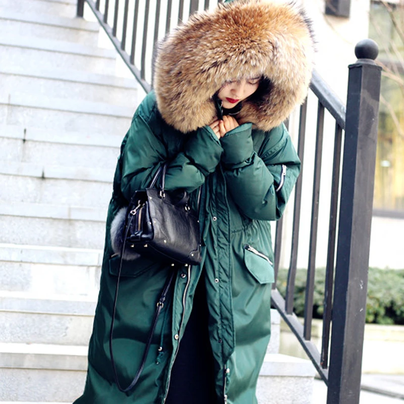 Пуховик женский длинная теплая куртка с воротником из меха енота 2019|raccoon fur coat|raccoon