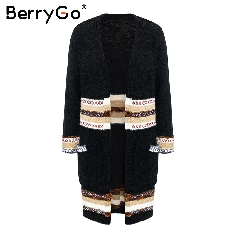 BerryGo Ethnic knitting long cardigan women 2018 Autumn winter sweater female Pockets split outwear jumpers |