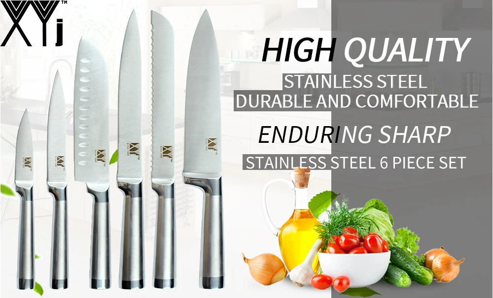 XYj 6 шт. набор кухонных ножей для очистки овощей утилита Santoku нож шеф-повара для нарезки хлеба бесшовная Сварка полностью ножи из нержавеющей стали
