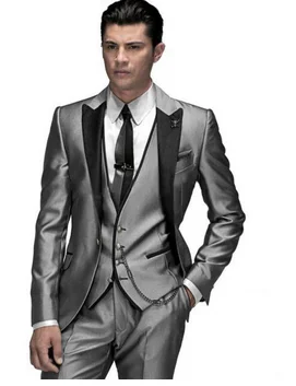 

Three Pieces Hot Sale Custom Made Groom Tuxedos Silver Wedding Party Suit Dinner Suit Groomsman Suit ( jacket+Pants+vest+tie)