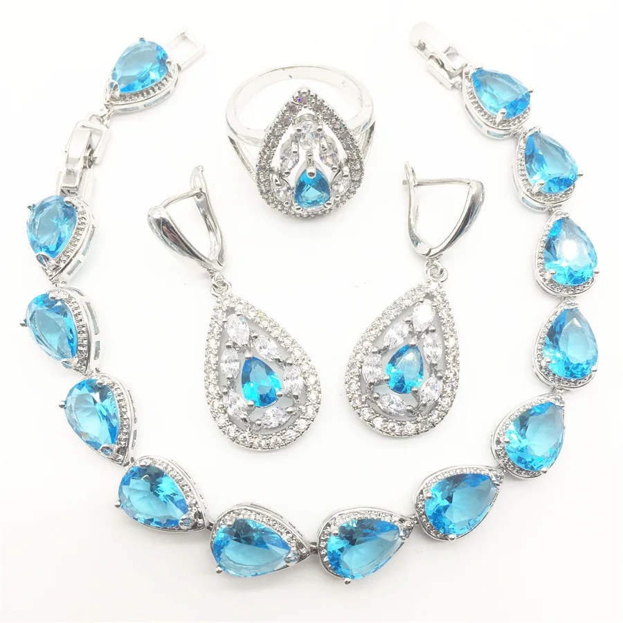 Sea-blue Zircon Costume Silver 925 Jewelry Sets Women Bracelets Earrings With Stones Pendant&ampNecklace/Rings Set Jewelery | Украшения и