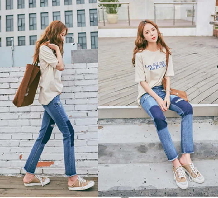 Модные джинсы Женская Корейская одежда эластичные мягкие брюки в Корейском