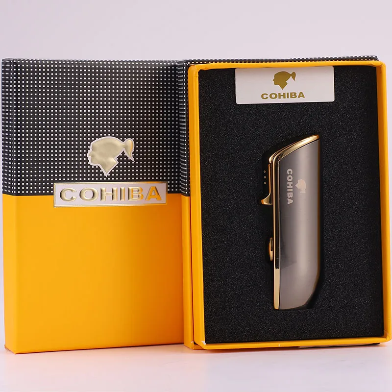 COHIBA острый сигарный Нож металлический ветрозащитный 3 струйный газовый фонарь для сигарет Зажигалка W/Пробивной сигареты набор аксессуаров для курения - Цвет: Grey Only Lighter