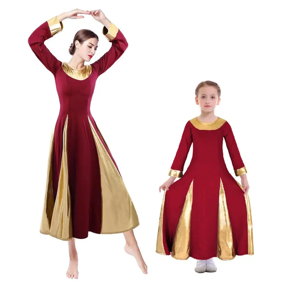 Wine Red with Gold Элегантный церковь платья для Для женщин взрослых и Девочка Семейные комплекты похвалы плиссированное платье балетное платье литургические платье для танцев - Цвет: Wine Red with Gold