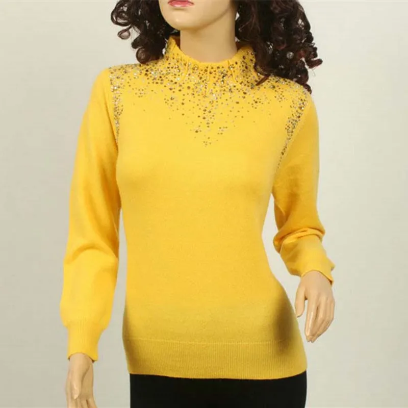 specials large size 100%goat cashmere women's basics sweater pullover half-high collar diamond sequins S-5XL | Женская одежда