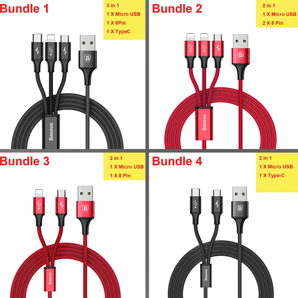 3A Быстрая зарядка кабель 3 в 1 Micro USB/8 Pin/Тип C передачи данных для iPhone android Зарядное