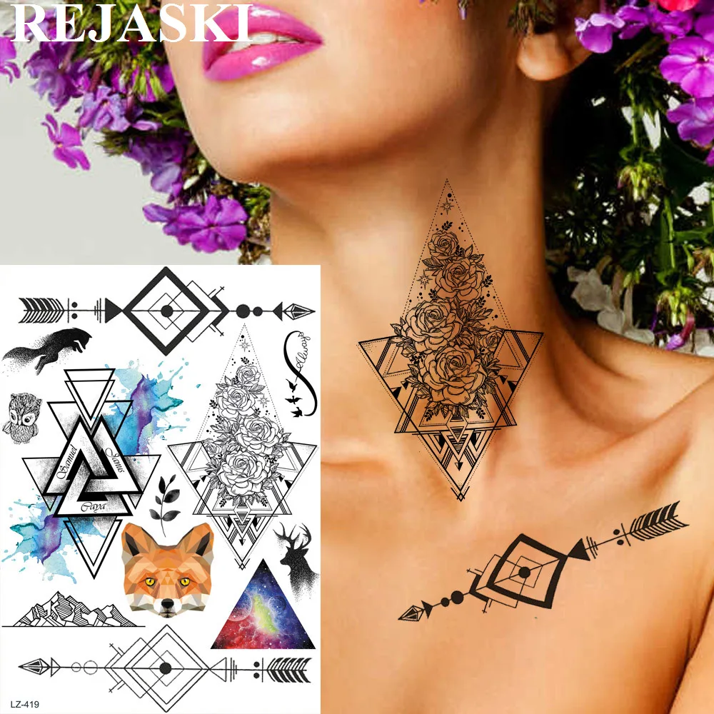 

REJASKI Watercolor Triangle Arrow Temporary Tattoo For Women Kids Sticker Geometric Rose Flower Fox Fake Tatoos Big Tattoo Paper