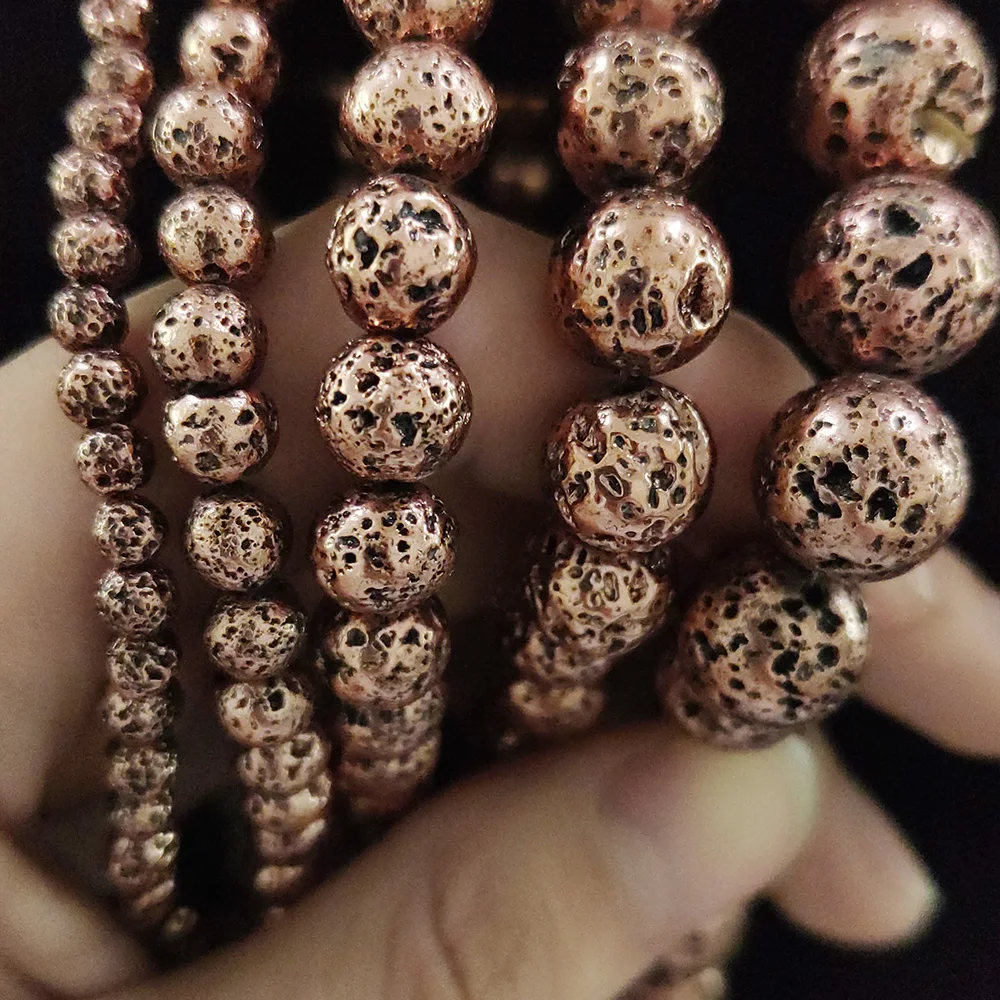 

BTFBES plating Bronze Copper Natural Lava Stone Beads Volcanic Rock Charm round loose Space bead for Jewelry Bracelet making DIY