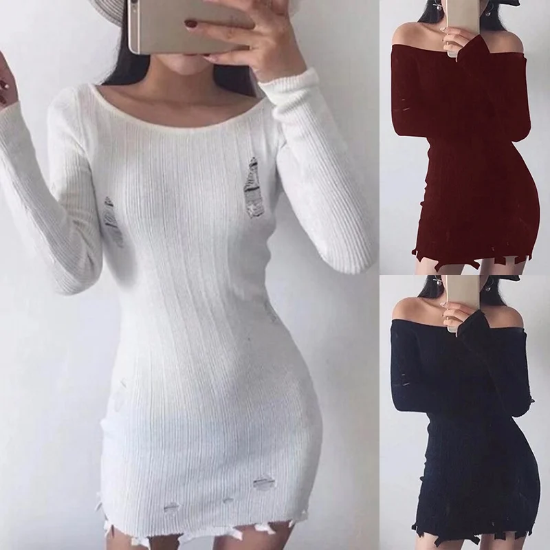 2018 Новый Осень Белый с открытыми плечами рваные длинным рукавом вязаный