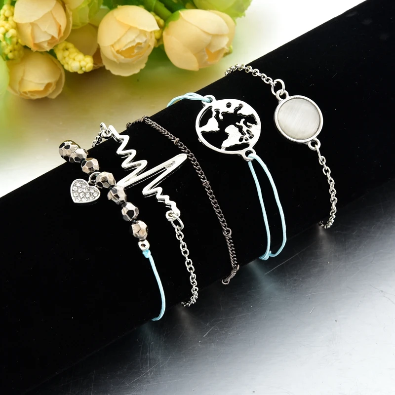 

ATTRACTTO 5 PCS/SET Silver World Map Bracelets&Bangles For Women Stainless Steel Bracelets Charm Heart Cuff Bracelet SBR190171