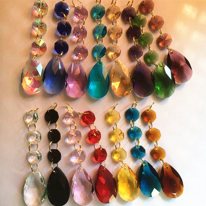 

15pcs/lot (105MM) Mixed Colors 14MM Octagon Beads With 38MM K9 Crystal Angle Pendants For Chandelier Crystals With Gold Rings