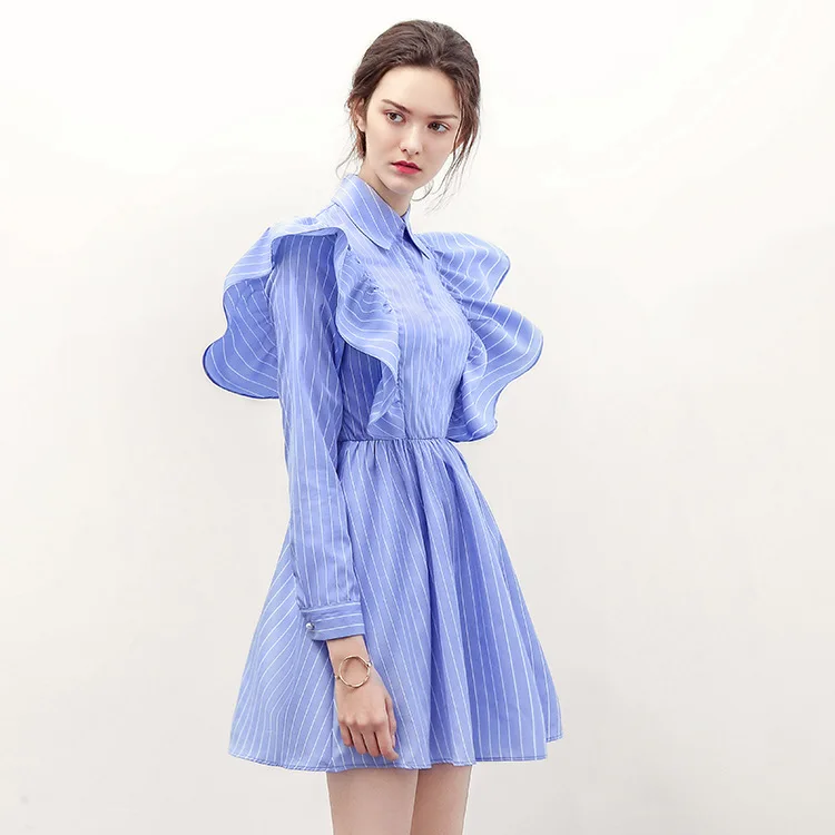 Летние женские синий платье в полоску с оборками|dresses with ruffles|dress withstriped dress |