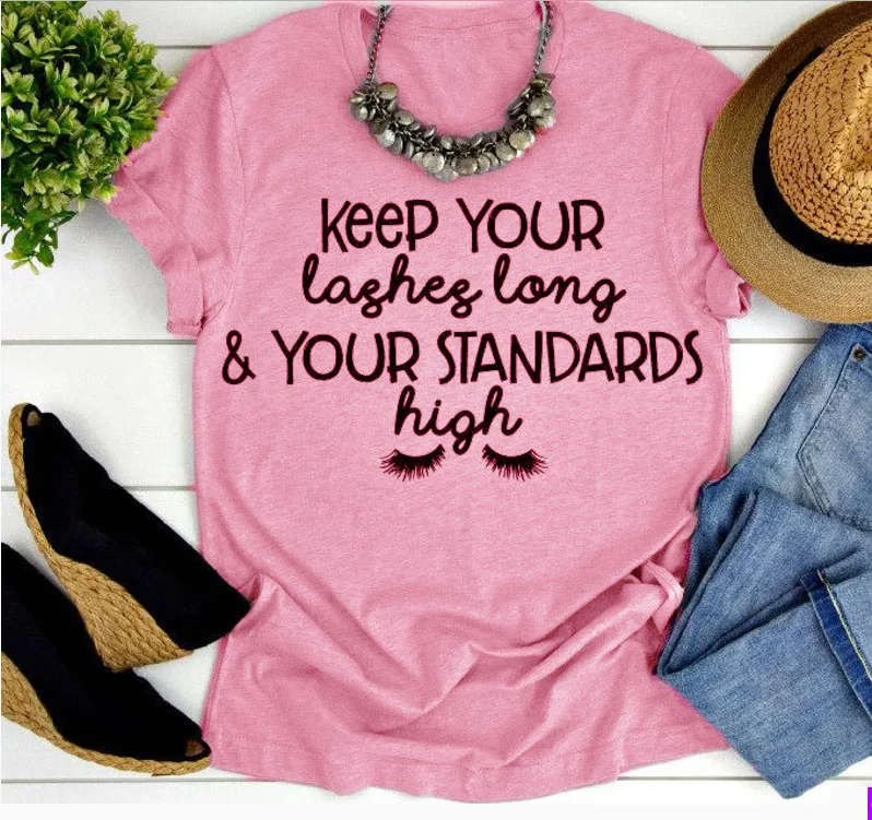 pink tee black text Keep your lashes long and your standard high футболка с надписью «ресницы», графическая футболка, Повседневная забавная Винтажная футболка с надписью «Lashes Grunge quote» - Цвет: pink tee black text