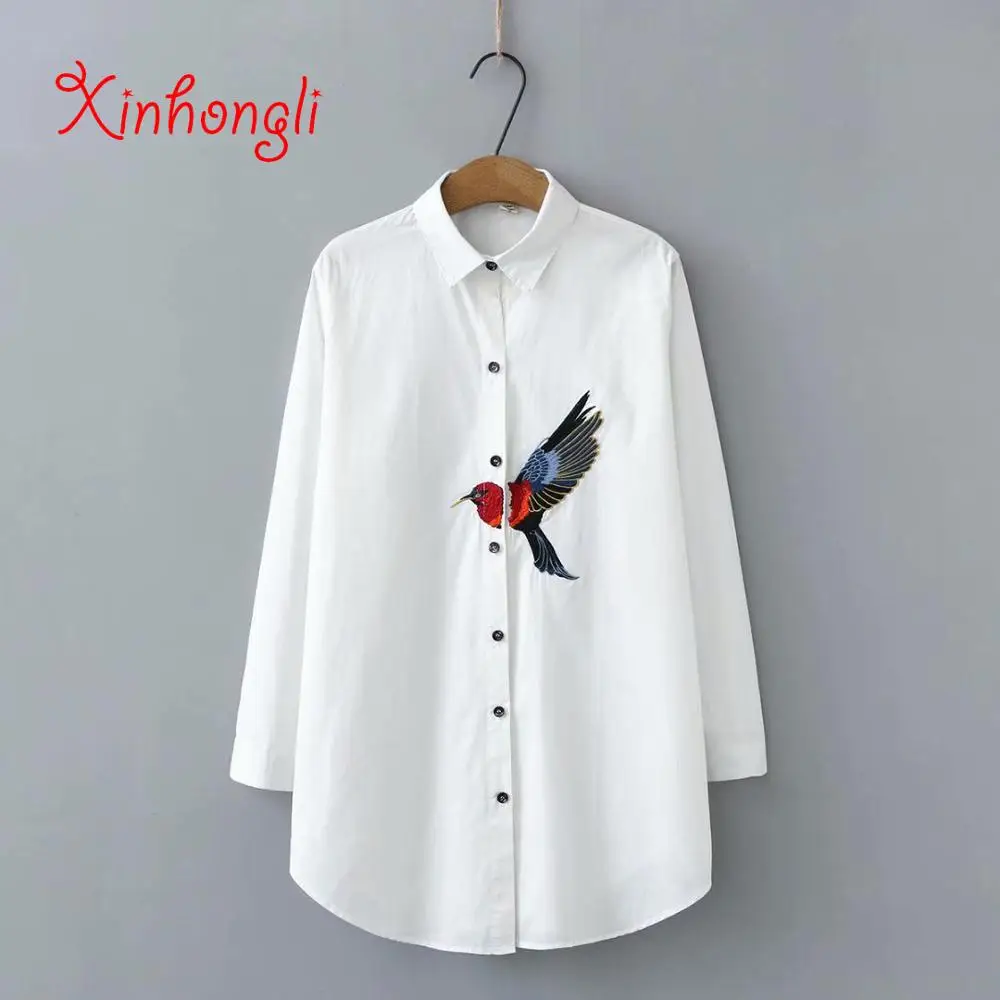 Белый Plus size bird Embroidery women loose blouse spring autumn casual ladies cotton white shirts female tops - Цвет: Белый