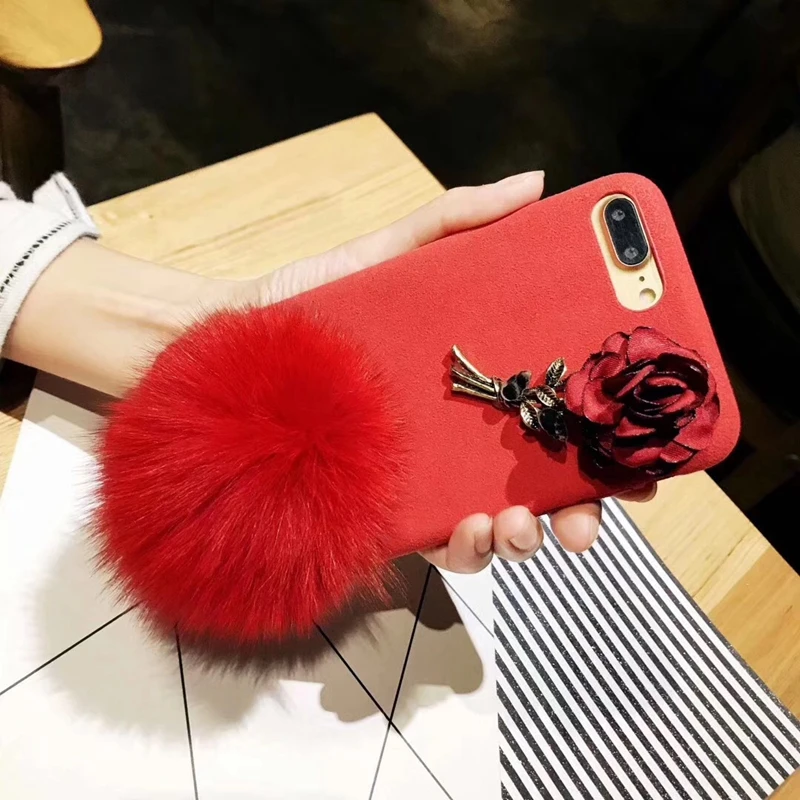 HOCAYU розы 3d чехол для телефона Iphone х лисий мех мяч Pom тканевый 7 плюс 8 девушка
