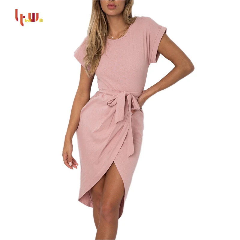 Для женщин Лето Нерегулярные бинты платье О-образным вырезом короткий рукав