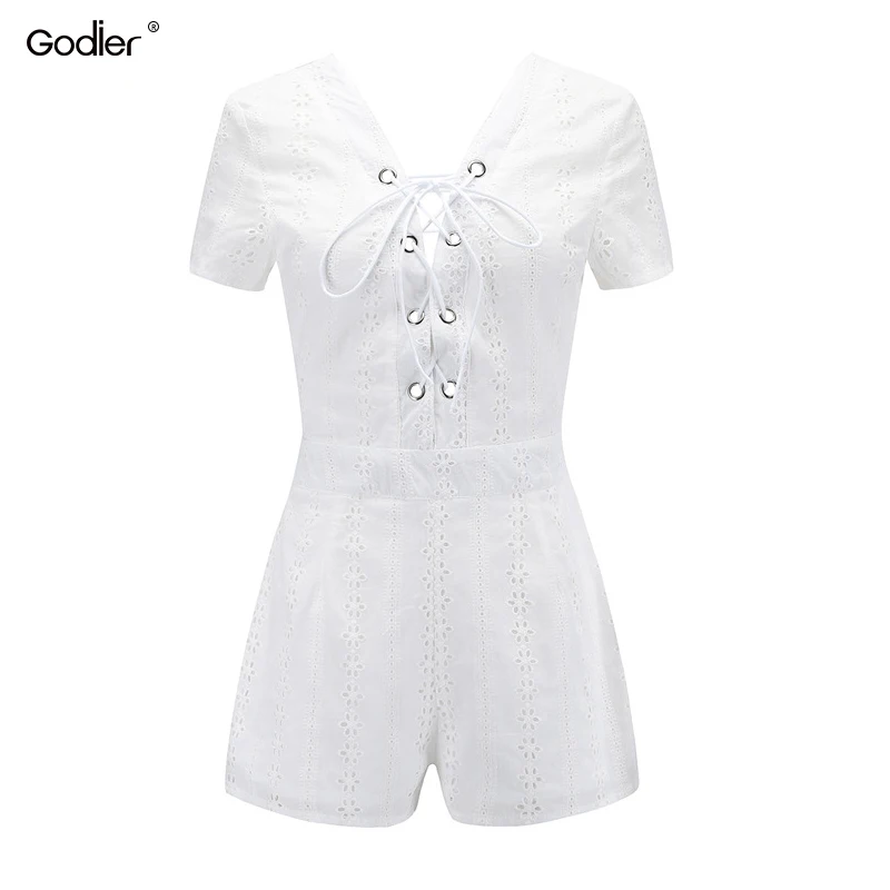 

Godier White Backless Rompers Womens Jumpsuit Summer Sexy bandage V-Neck Beach Short Romper High Waist Playsuits Nc0002