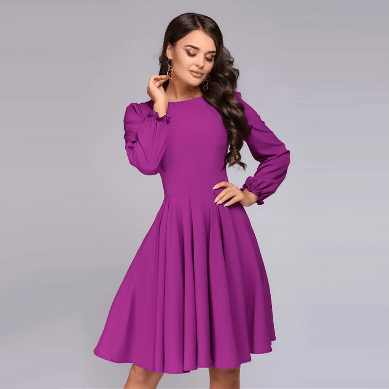 2018 г. осенние модные женские туфли платье с длинными рукавами и круглым вырезом