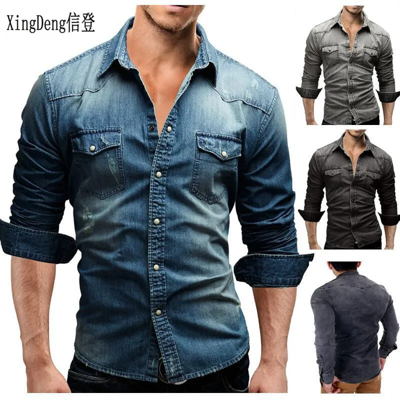 

Рубашка XingDeng Мужская джинсовая, модная повседневная сорочка из денима, приталенная, с длинным рукавом, однотонная, clouthes