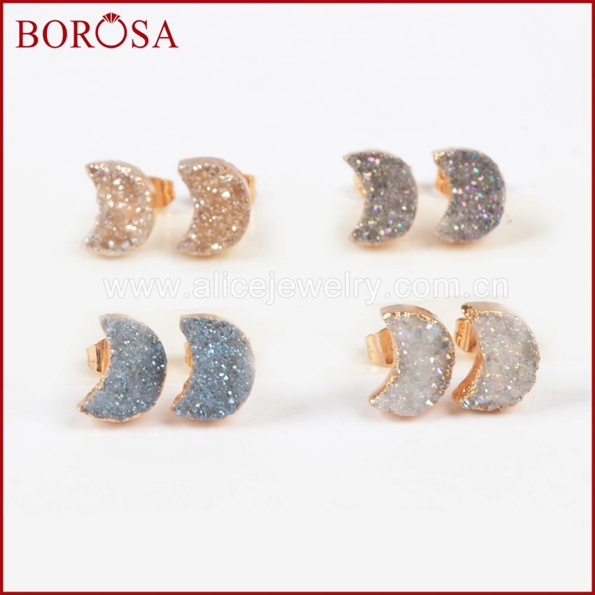 Серьги гвоздики BOROSA с золотым ободком в форме Луны разноцветный натуральный