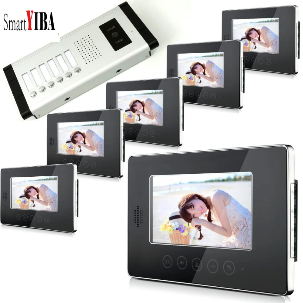 SmartYIBA 6 Apartment 7&quotColor LCD Touch Screen 2Way Hands Free intercom Monitor Wired Video Door Phone Doorbell Intercom System |