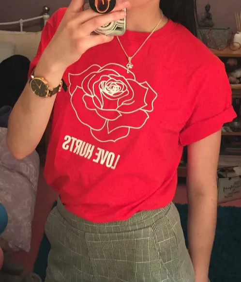 

Fashionhshow-JF Love Hurts Rose Print Red T-Shirt Women Tumblr Fashion Cute Casual Tee Grunge Outfits