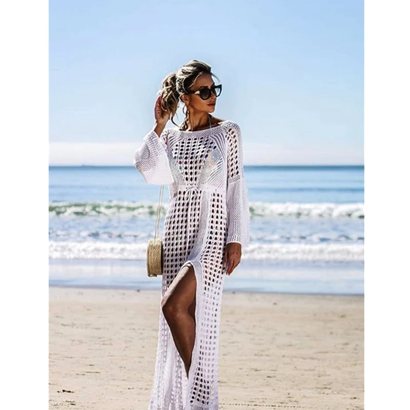 2019 сексуальная белая вязаная накидка для купальника Пляжное пальто купальник