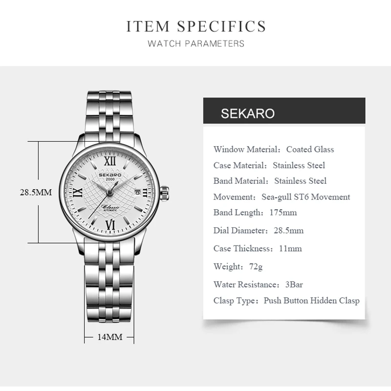Sekaro Брендовые женские механические часы роскошные известные автоматические