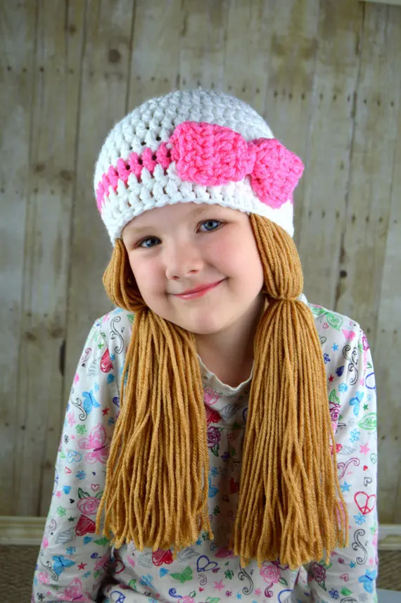 2016 NEW handmade Crochet Baby Girls Wigs Hat White and Pink Pigtail Beanie - Cabbage Patch Hat- Crocheted Bow | Детская одежда и