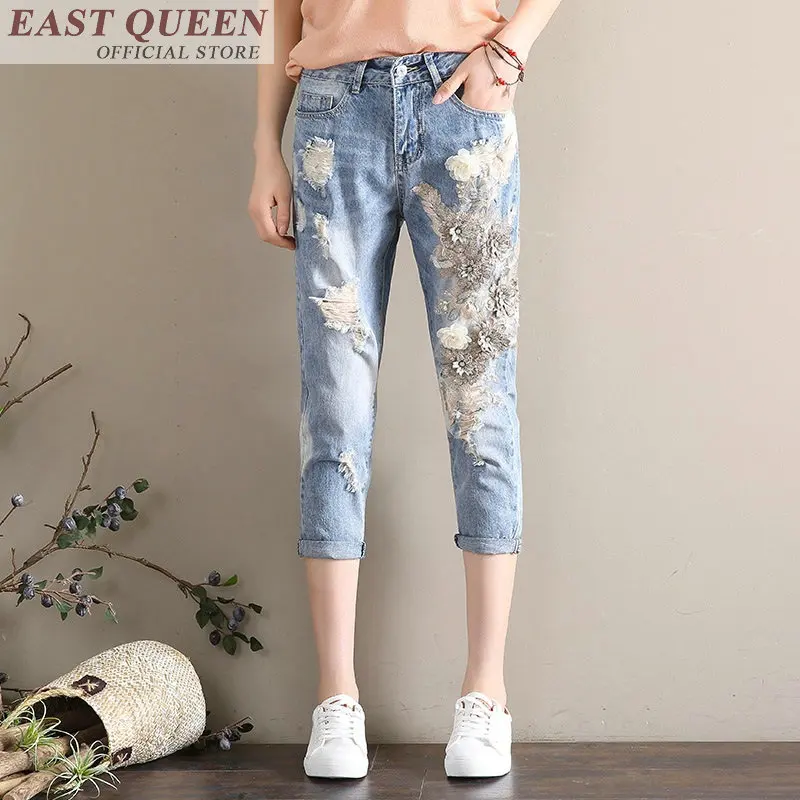 Women harem pants plaid jeans with mid waist ankle-length pants hole zipper female denim trousers pockets ripped jean DD755 L