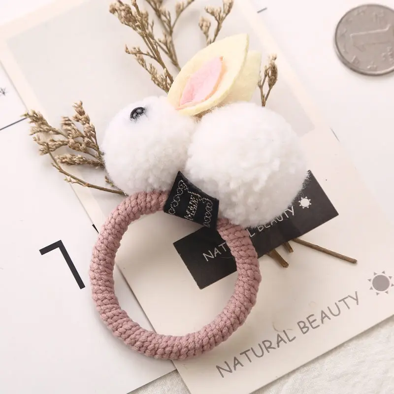 White rubber band Новинка года; модные милые заколки для волос с помпонами кролика; заколки для волос для девочек; повязка на голову; резинка для волос; Детские аксессуары для волос - Цвет: White rubber band