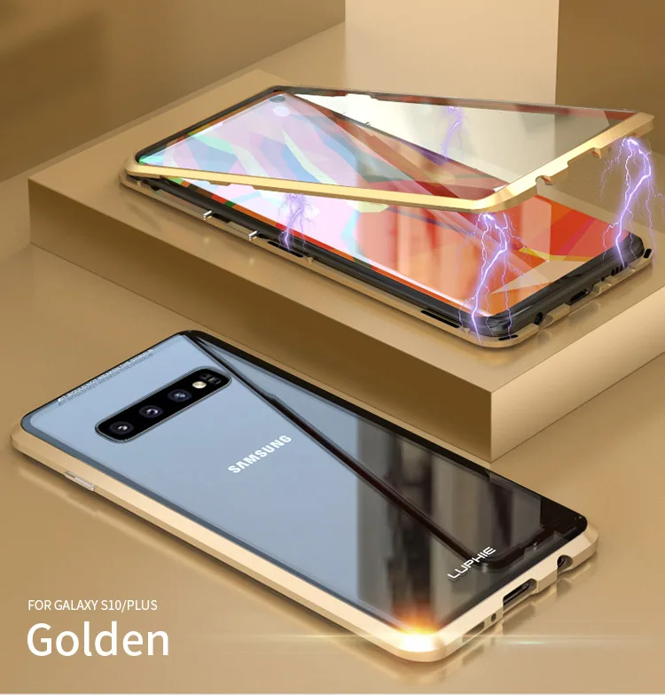 Металлический магнитный чехол для samsung Galaxy S8, S9, S10 Plus, закаленное стекло для samsung Note8, Note9, S10E, задняя крышка на магните, чехол s - Цвет: gold