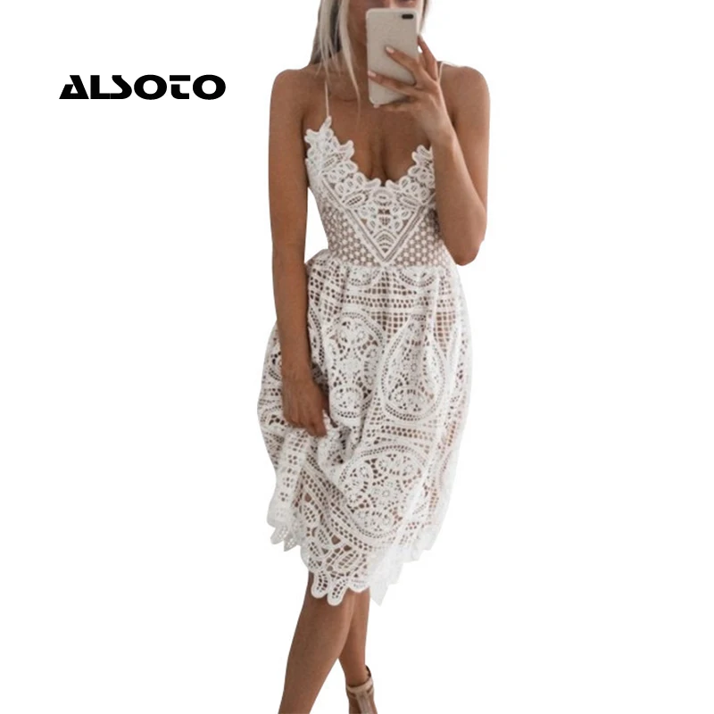Women Summer Dress Sexy Party Deep V Neck Backless Lace Dresses Fashion Sleeveless Halter Bandage Midi | Женская одежда