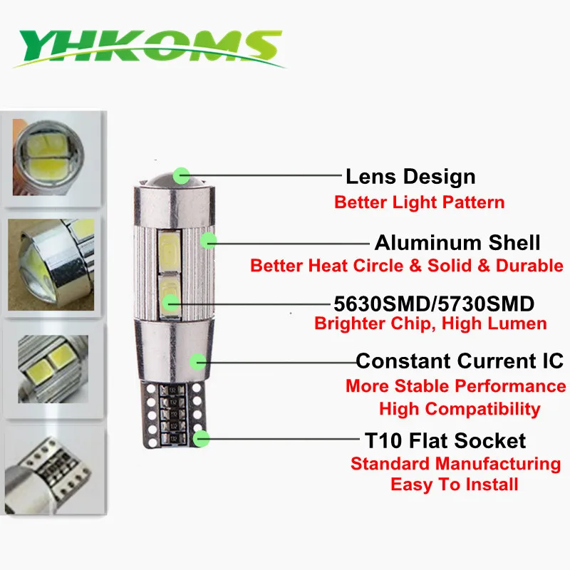 Yhkoms 10 шт. T10 W5W светодиодные лампы 10smd 5630 салона Свет 194 168 Canbus LED Парковка свет авто Номерные знаки для мотоциклов свет 12 В 6000 К